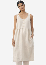 Sleeveless Brass-Snap Gathered Linen Midi Dress in Linen in Natural — on model