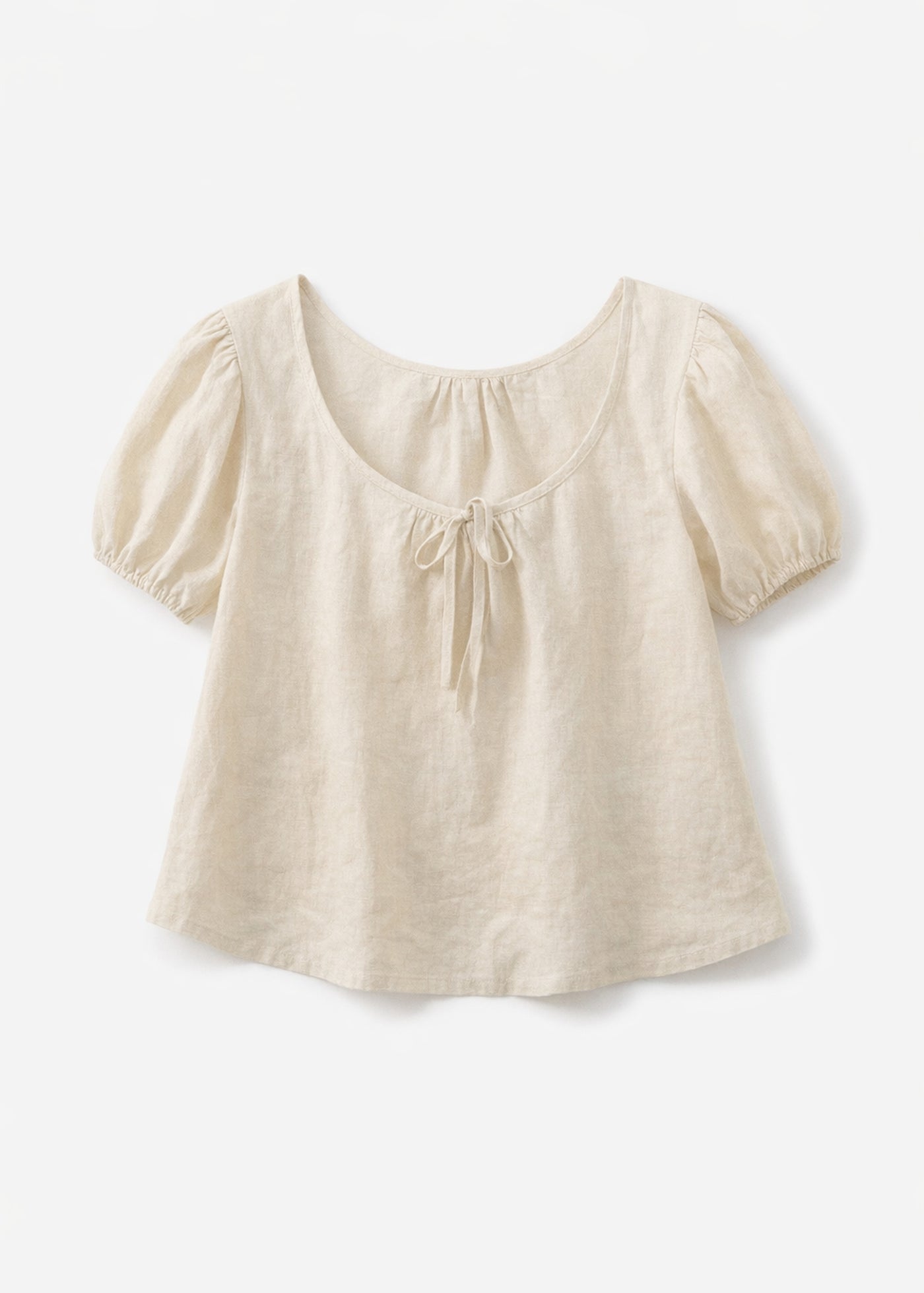 Tie-Neck Puff-Sleeve Cropped Linen Blouse in Linen in Natural — flat lay
