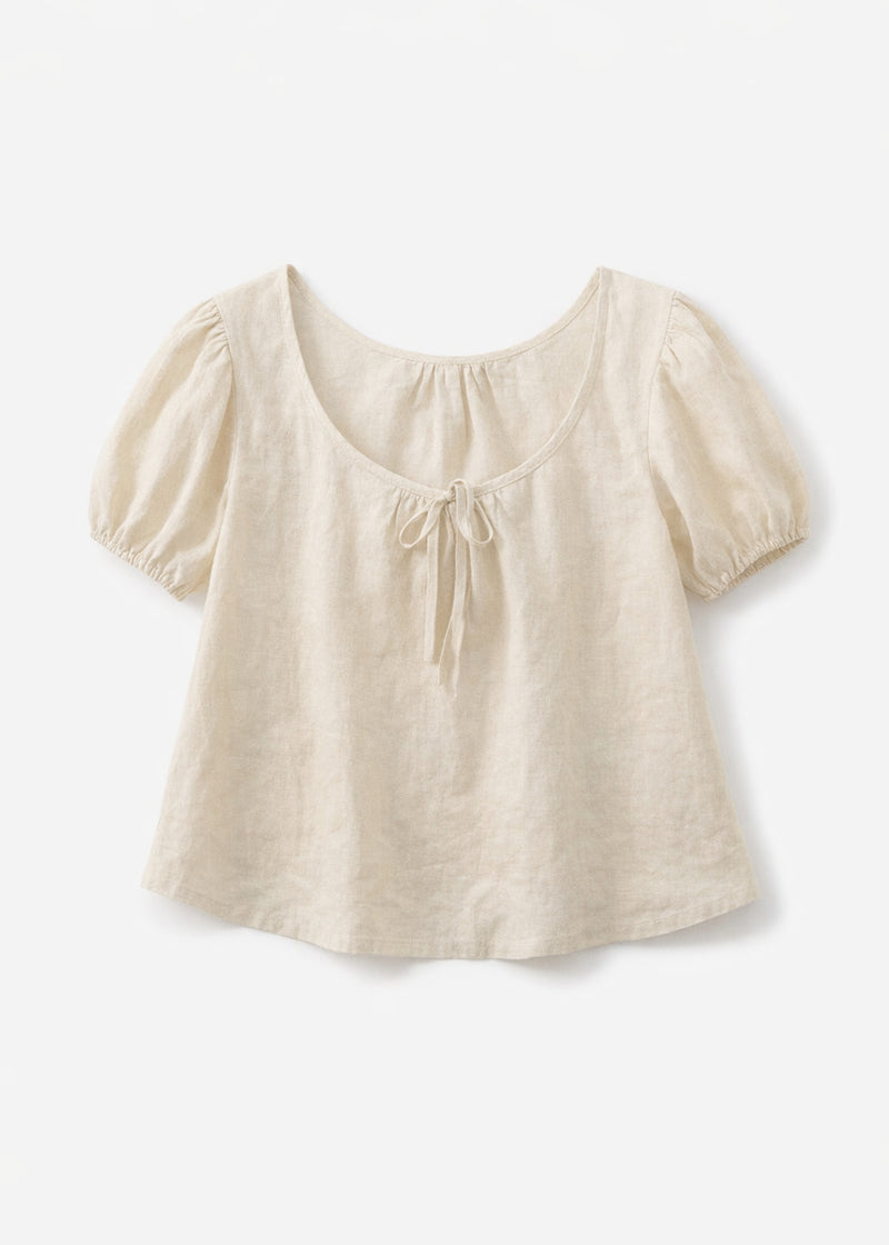 Tie-Neck Puff-Sleeve Cropped Linen Blouse in Linen in Natural — flat lay