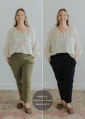 Woman wearing a bundle of olive green and black linen maternity pants with smocked waistbands and tapered legs.
