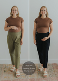 Blonde woman wearing a brown top, modeling olive green and black linen maternity pants with smocked waist and pockets.