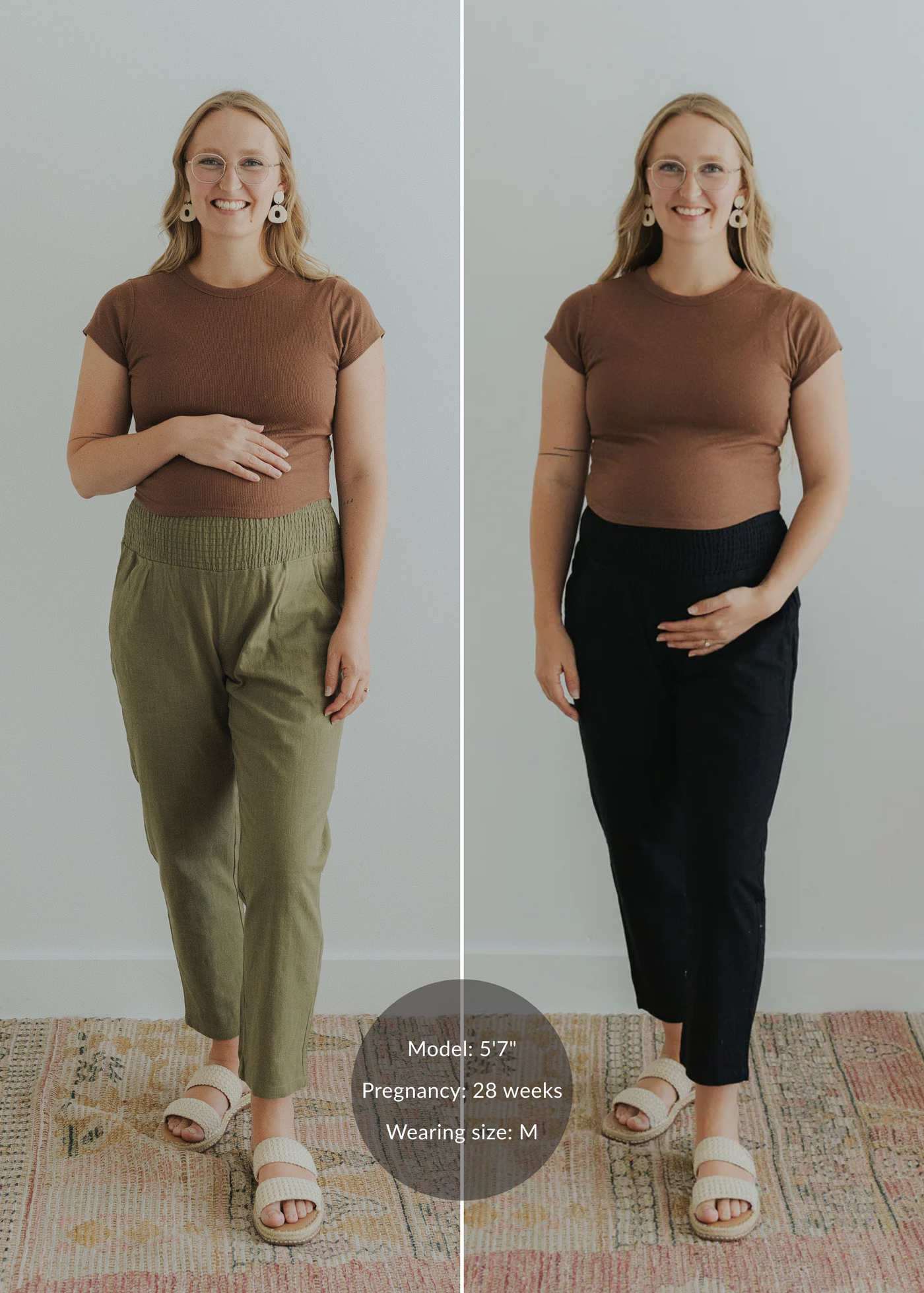Blonde woman wearing a brown top, modeling olive green and black linen maternity pants with smocked waist and pockets.