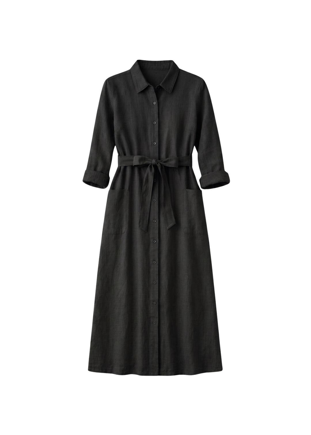 Button-Front Belted Midi Shirtdress in Linen
