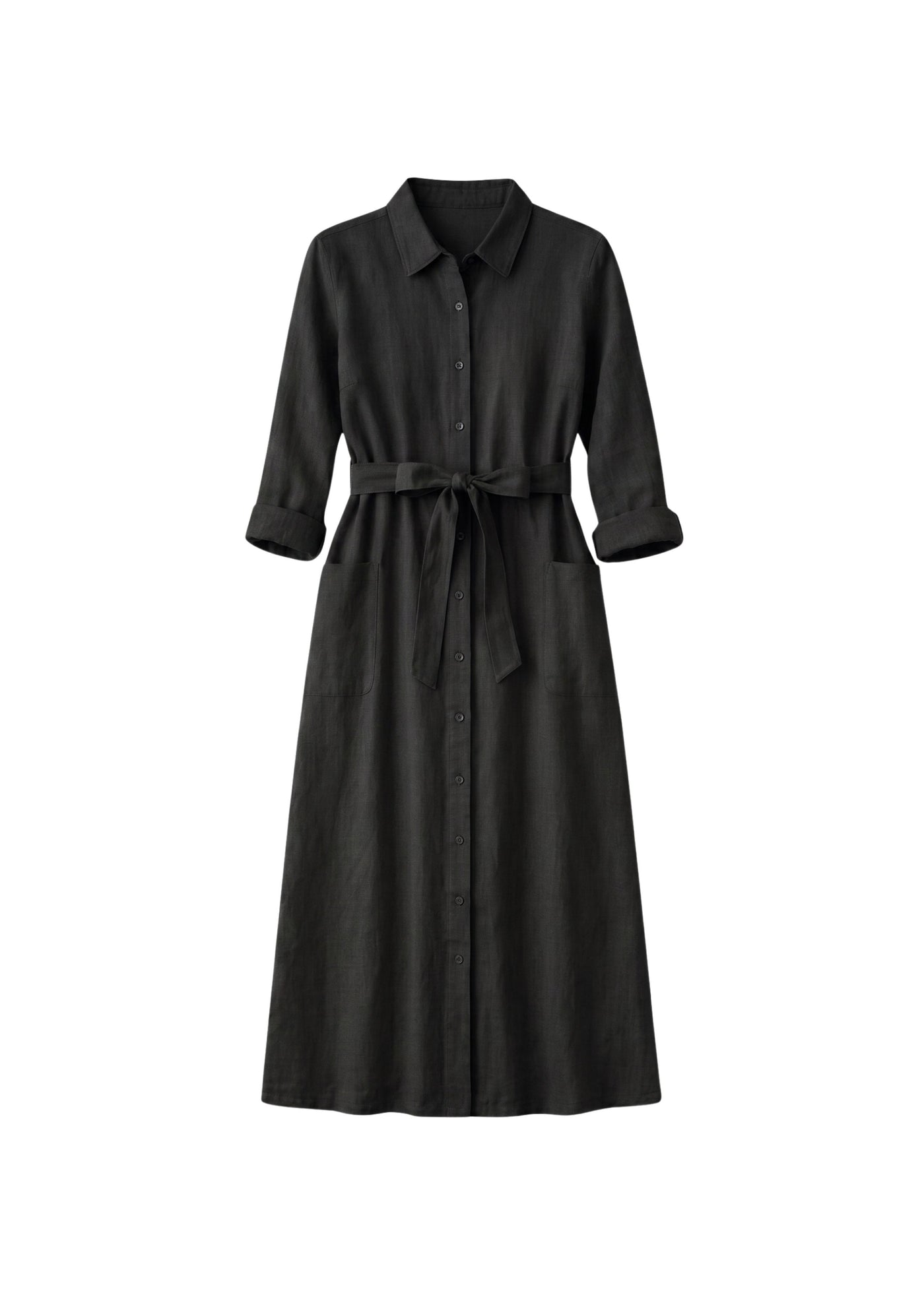 Button-Front Belted Midi Shirtdress in Linen