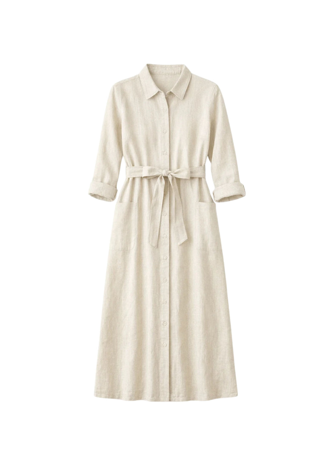 Button-Front Belted Midi Shirtdress in Linen