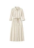 Button-Front Belted Midi Shirtdress in Linen