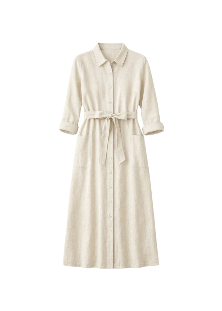 Button-Front Belted Midi Shirtdress in Linen