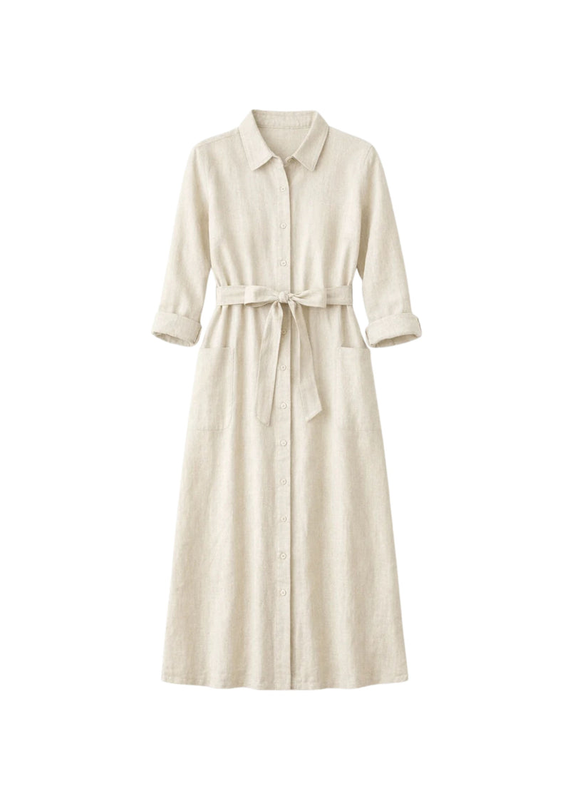Button-Front Belted Midi Shirtdress in Linen