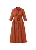 Button-Front Belted Midi Shirtdress in Linen