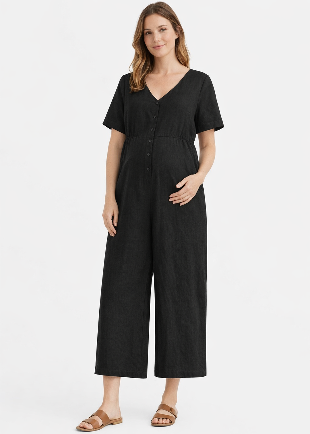 V-Neck Wide-Leg Linen Maternity Jumpsuit in Linen in Black — on model