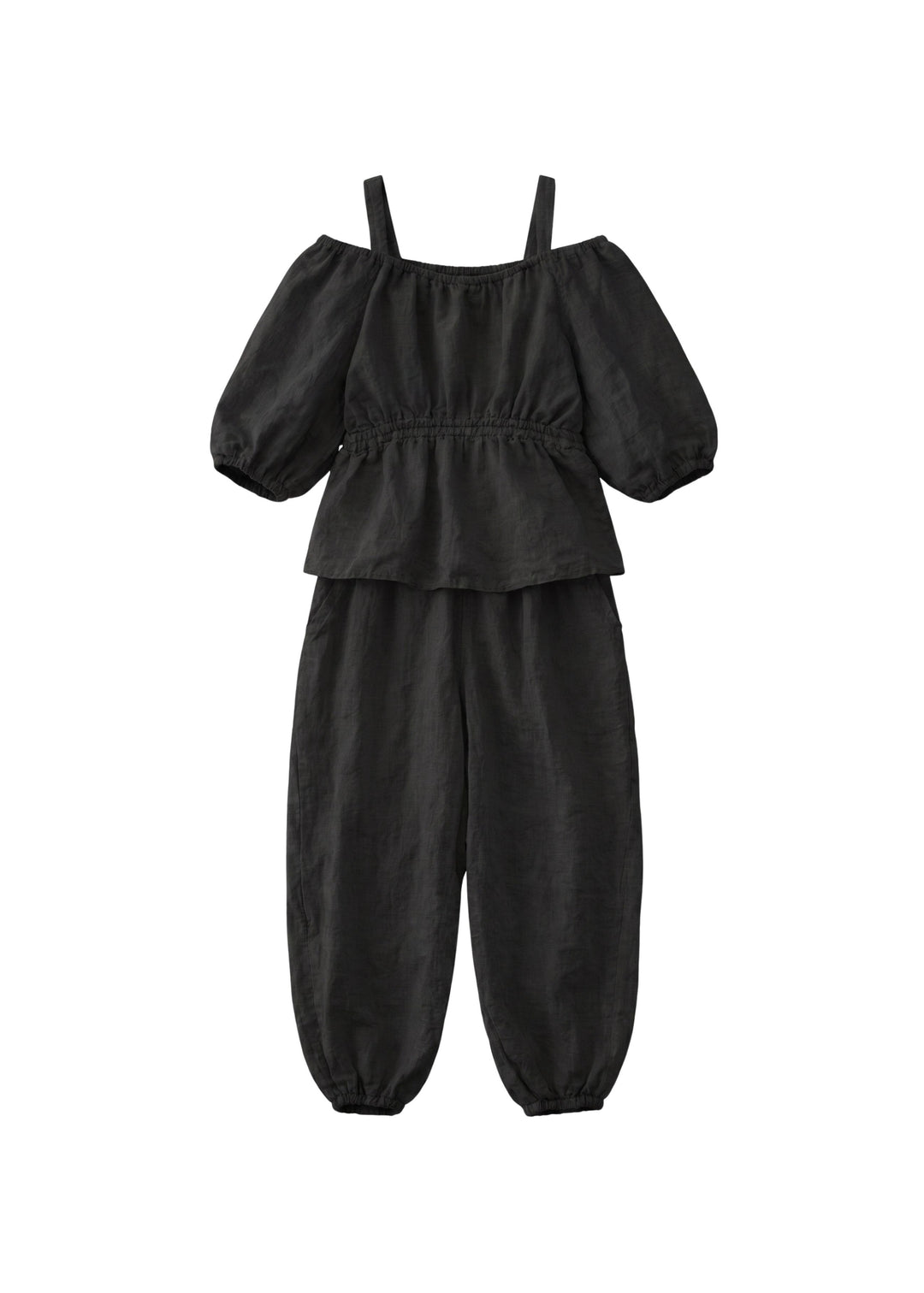 Off-Shoulder Peplum Jumpsuit in Linen in Black — flat lay