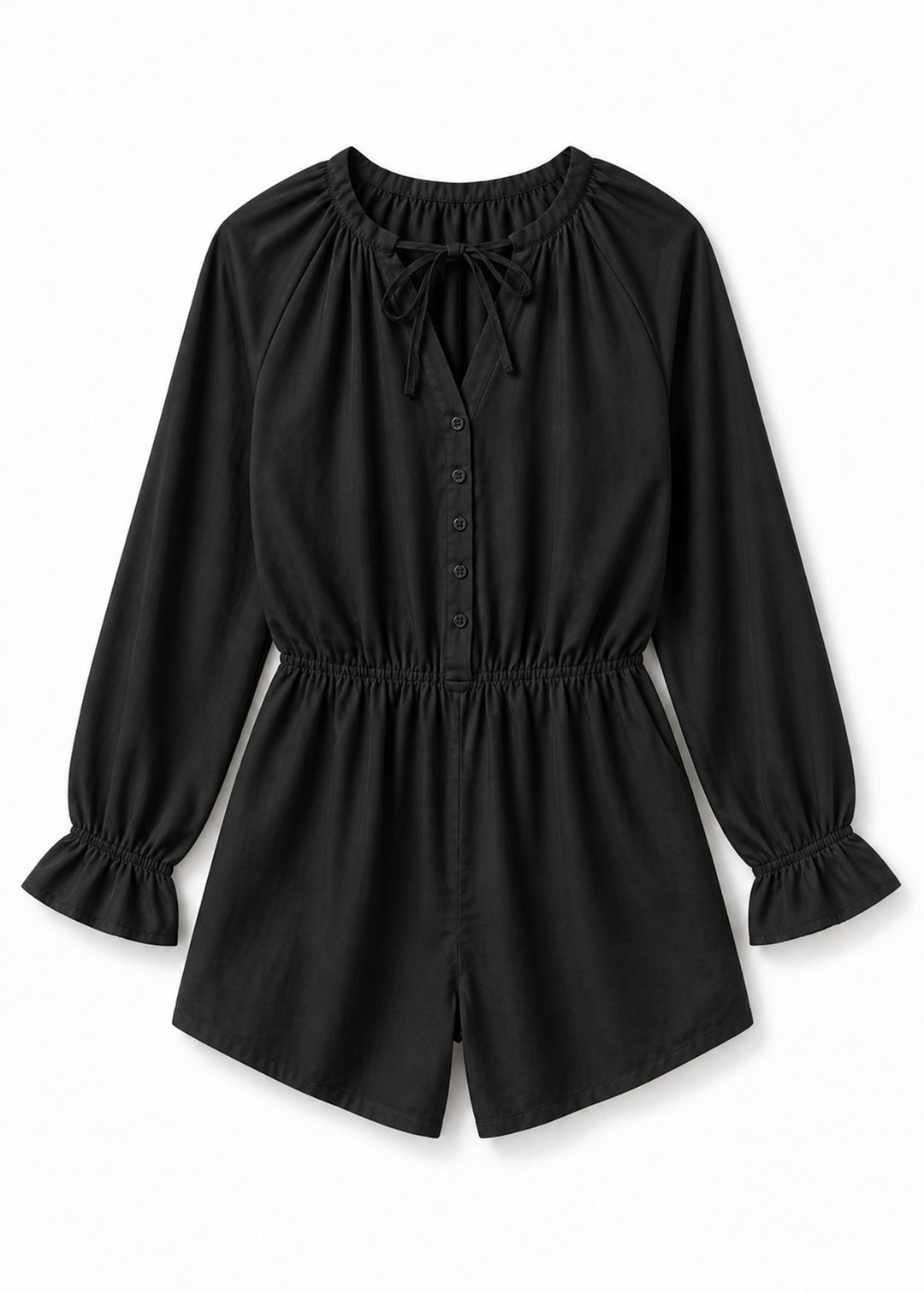 Gathered-Neck Button-Front Sleep Romper in Black - flat lay