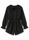 Gathered-Neck Button-Front Sleep Romper in Black - flat lay