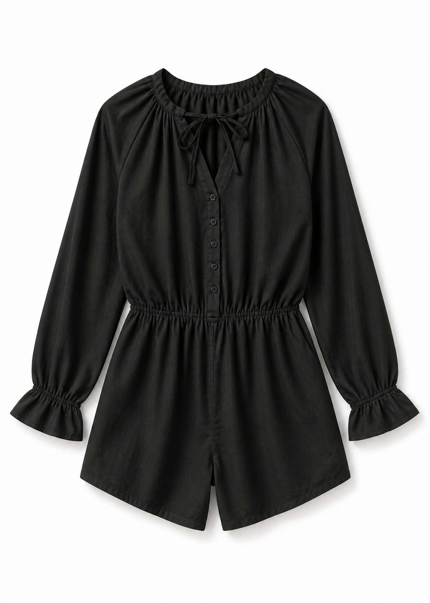 Gathered-Neck Button-Front Sleep Romper in Black - flat lay