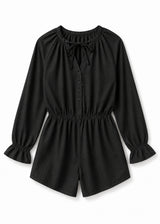 Gathered-Neck Button-Front Sleep Romper in Black - flat lay