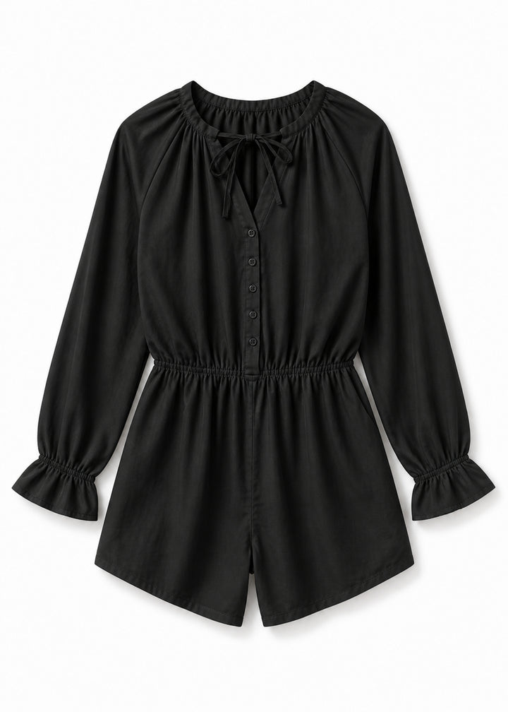 Gathered-Neck Button-Front Sleep Romper in Black - flat lay