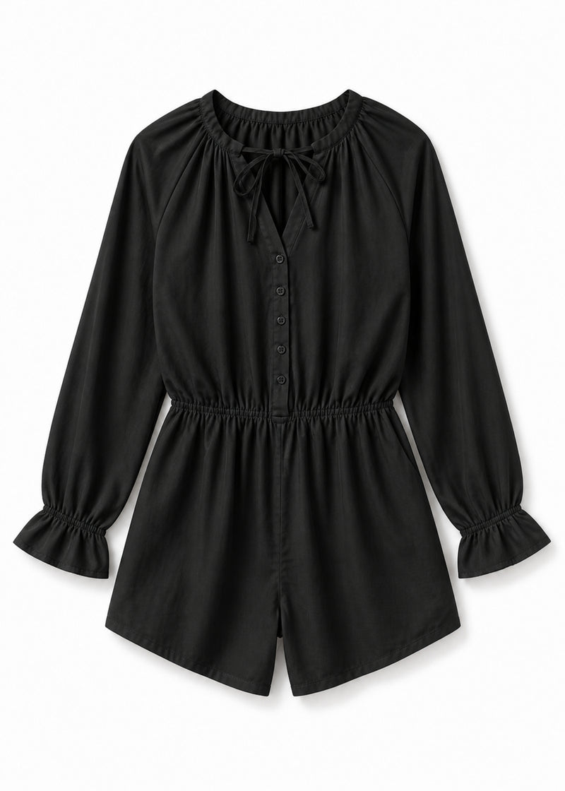 Gathered-Neck Button-Front Sleep Romper in Black - flat lay