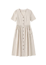 Linen/Cotton Button Front Pocket Nursing Dress in a light beige color, featuring a V-neck and short sleeves.