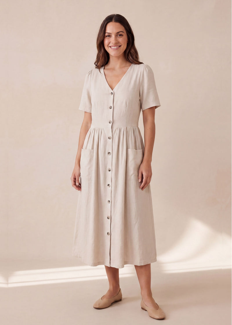 Button Front Pocket Dress in Cotton
