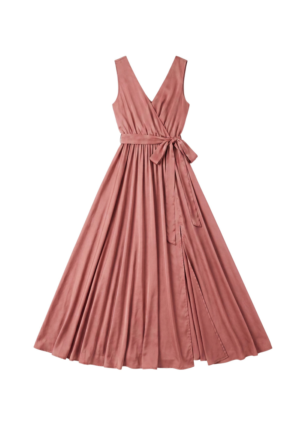 Pink linen-cotton blend adjustable pleated wrap dress with V-neck and waist tie.