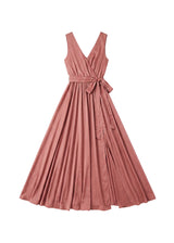 Pink linen-cotton blend adjustable pleated wrap dress with V-neck and waist tie.