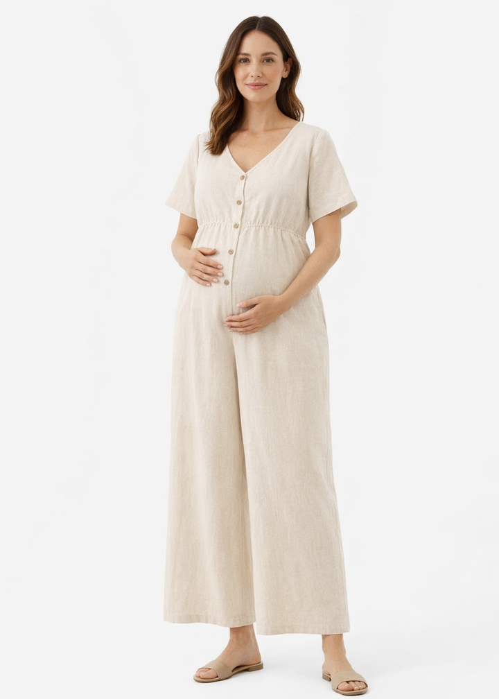 V-Neck Wide-Leg Linen Maternity Jumpsuit in Linen in Natural — on model