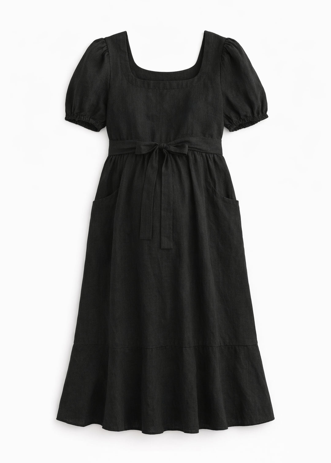 European Linen Maternity Midi Dress in Black — flat lay