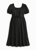 European Linen Maternity Midi Dress in Black — flat lay