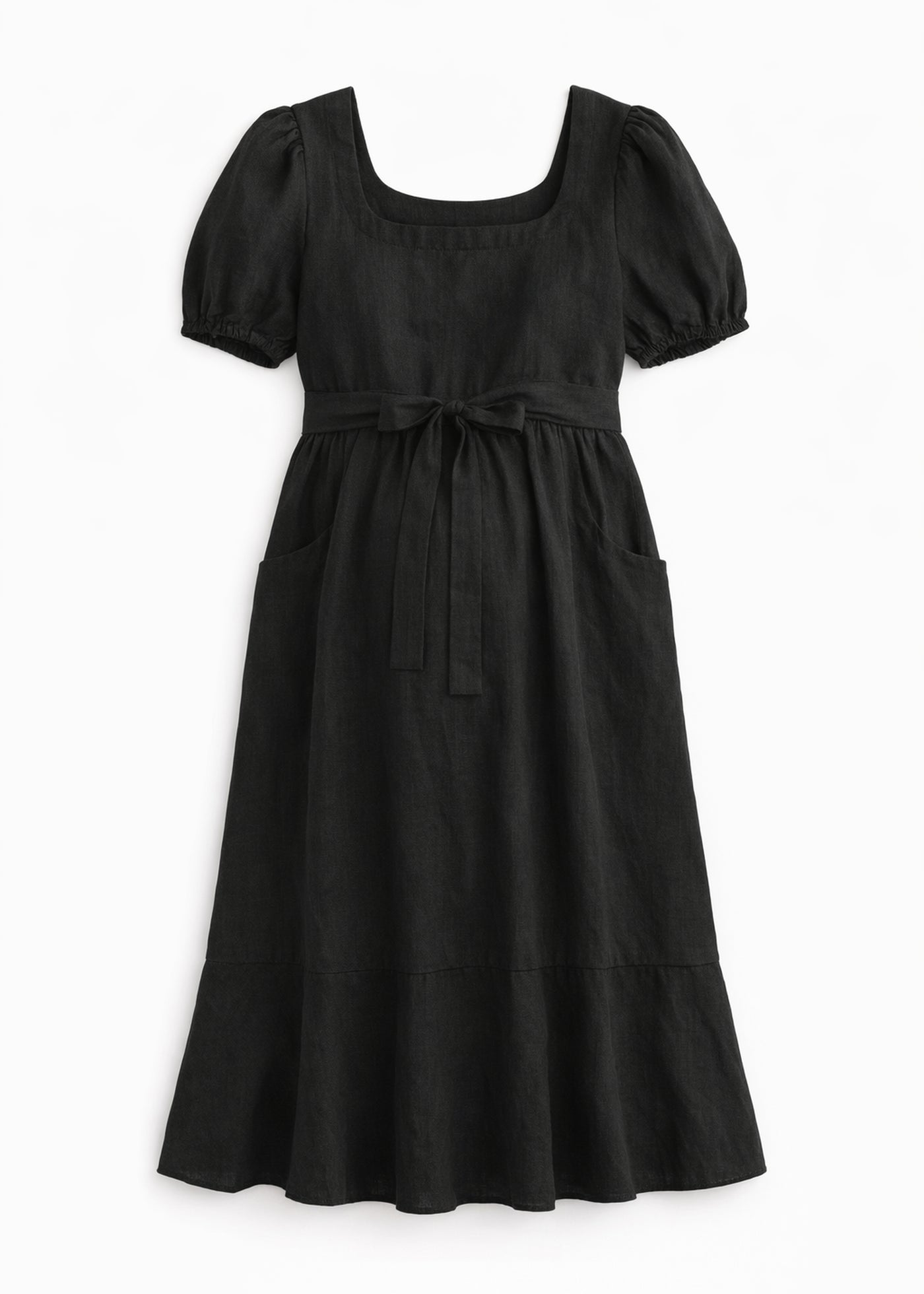 European Linen Maternity Midi Dress in Black — flat lay
