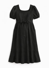 European Linen Maternity Midi Dress in Black — flat lay