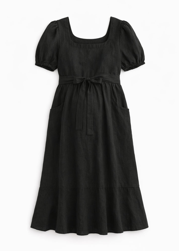 European Linen Maternity Midi Dress in Black — flat lay