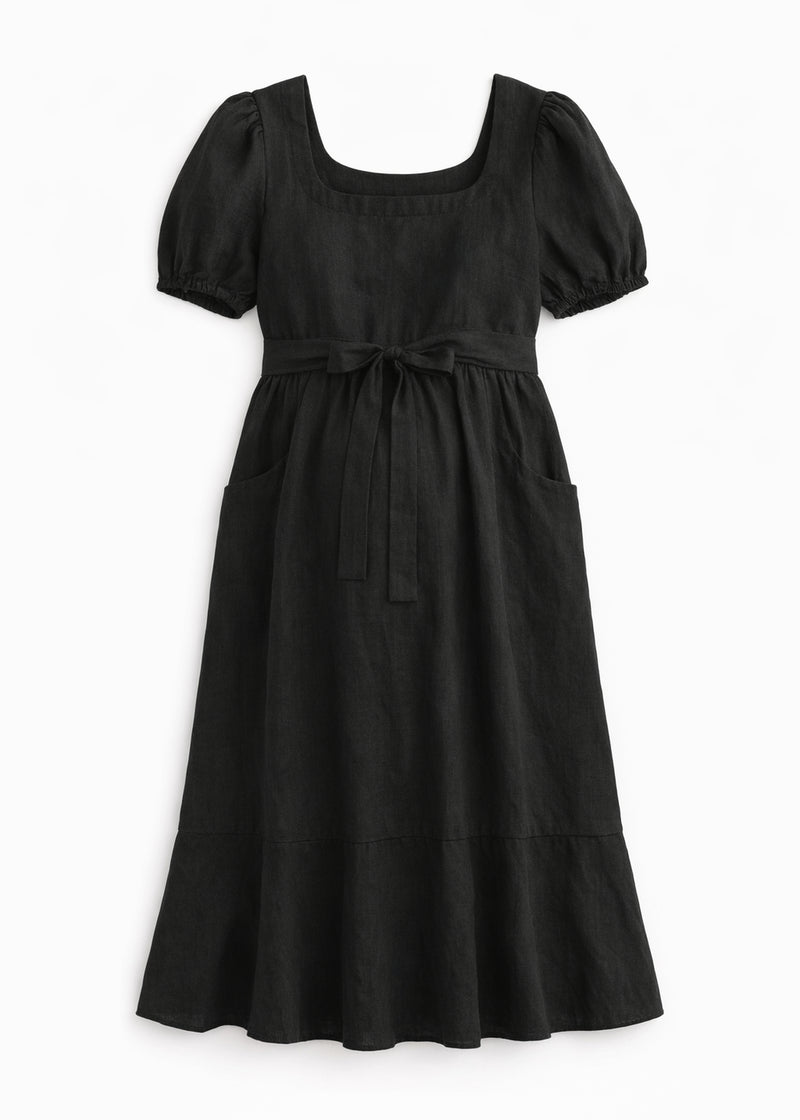 European Linen Maternity Midi Dress in Black — flat lay