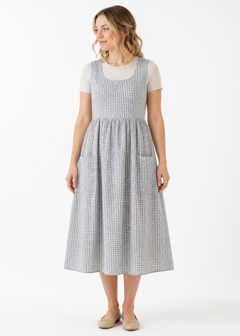 Linen Pinafore Midi Dress with Patch Pockets in Linen in Blue Gingham — on model