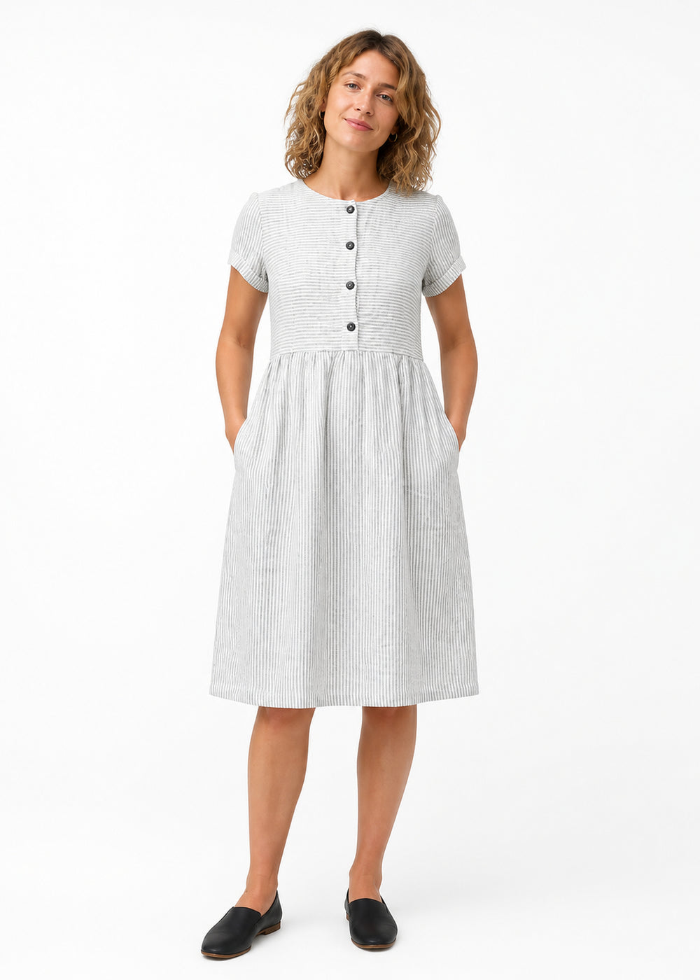 Striped Linen Button-Front Midi Dress in Linen in Stripe — on model
