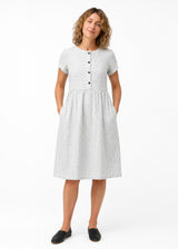 Striped Linen Button-Front Midi Dress in Linen in Stripe — on model
