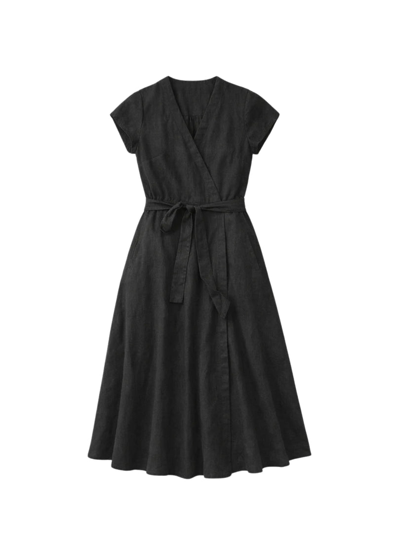Cap-Sleeve Wrap Linen Midi Dress in Linen
