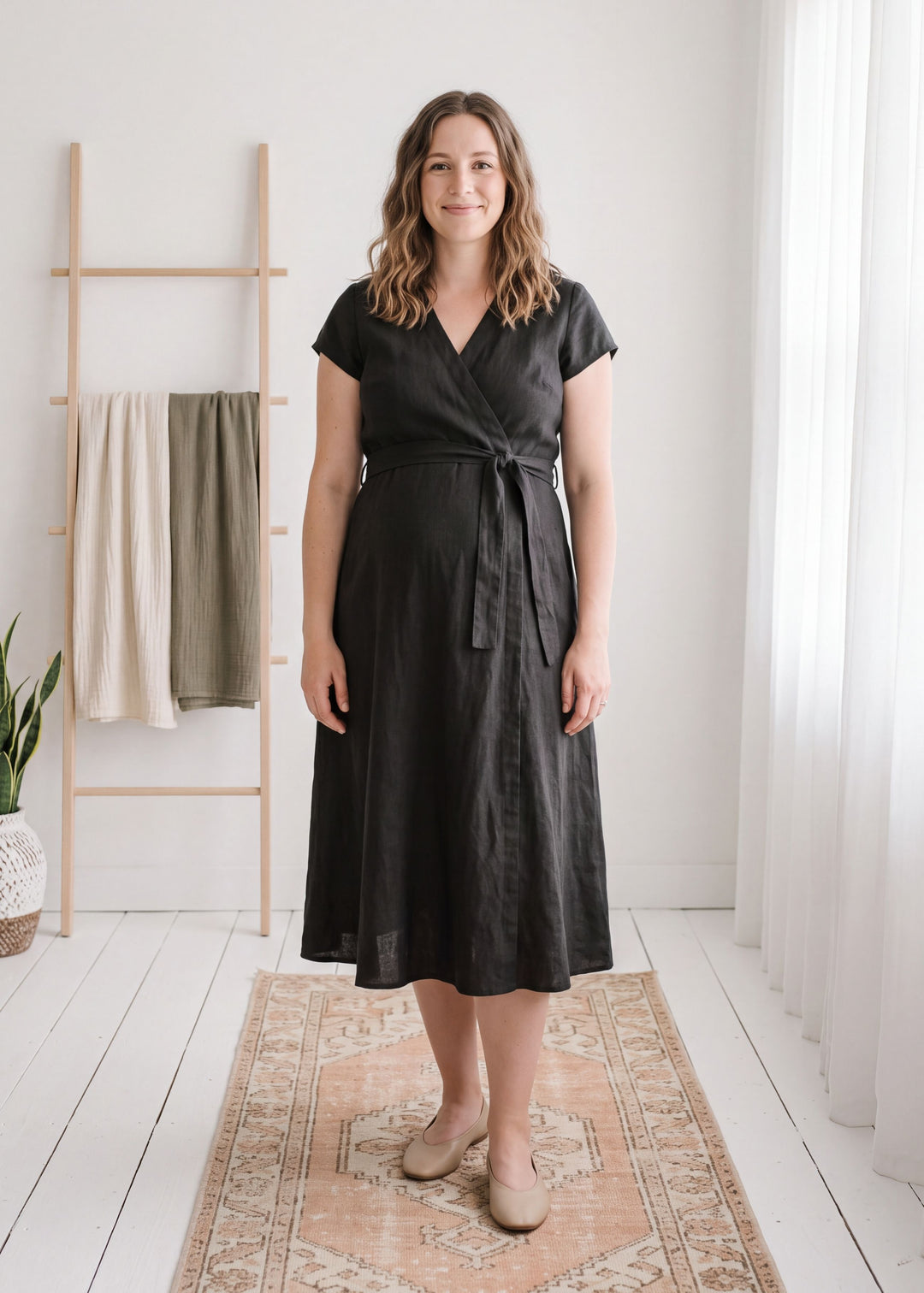 Cap-Sleeve Wrap Linen Midi Dress in Linen