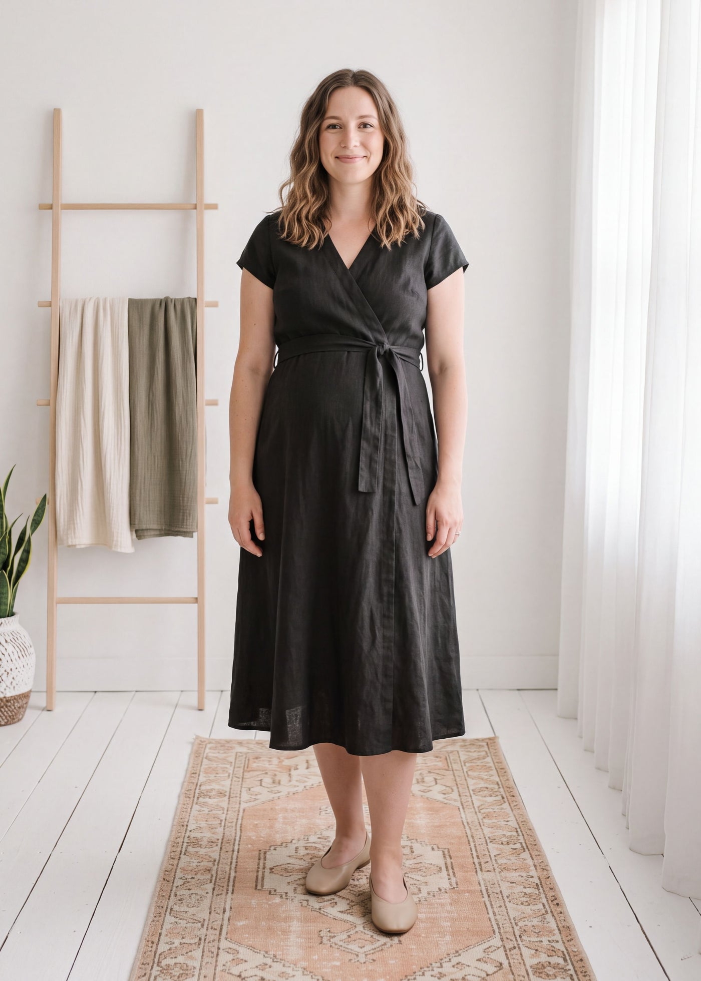 Cap-Sleeve Wrap Linen Midi Dress in Linen