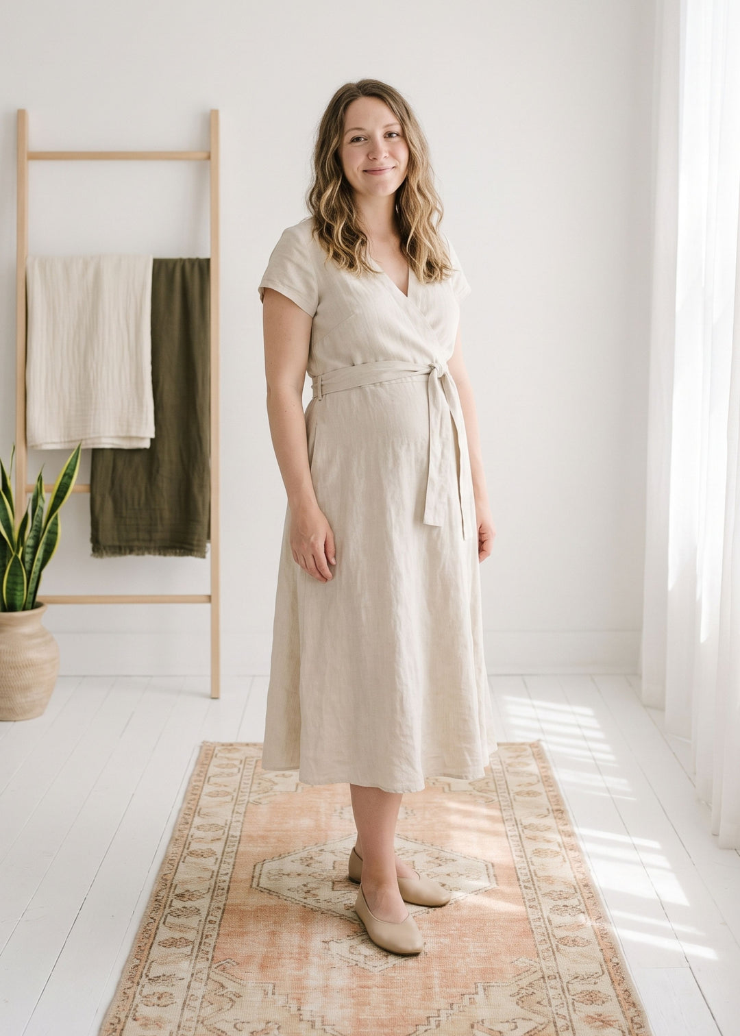Cap-Sleeve Wrap Linen Midi Dress in Linen