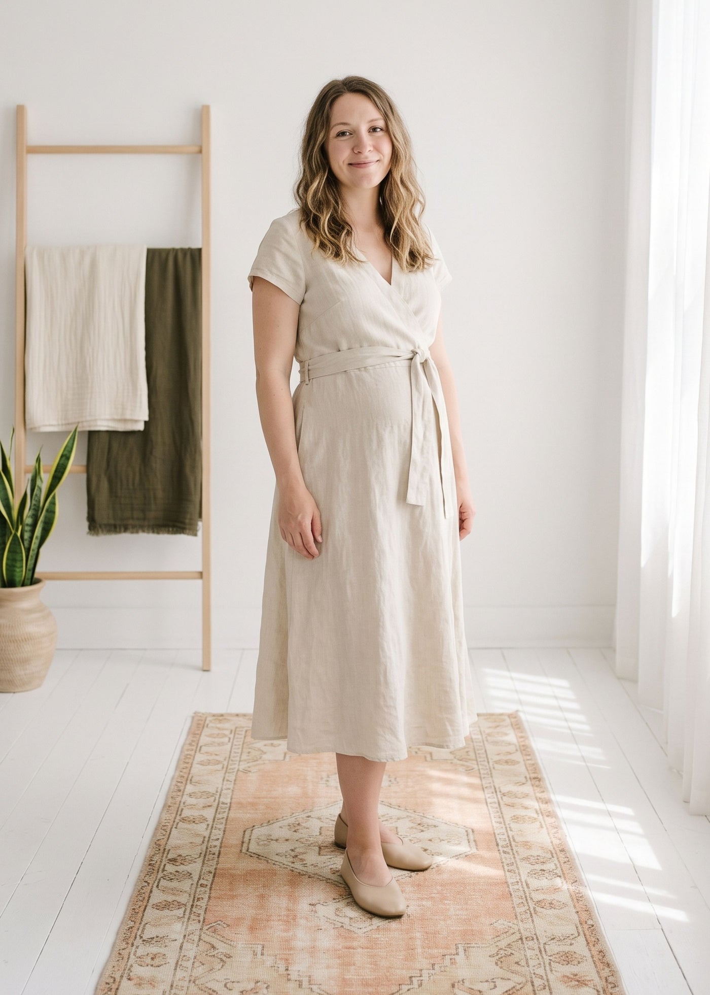 Cap-Sleeve Wrap Linen Midi Dress in Linen