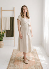 Cap-Sleeve Wrap Linen Midi Dress in Linen