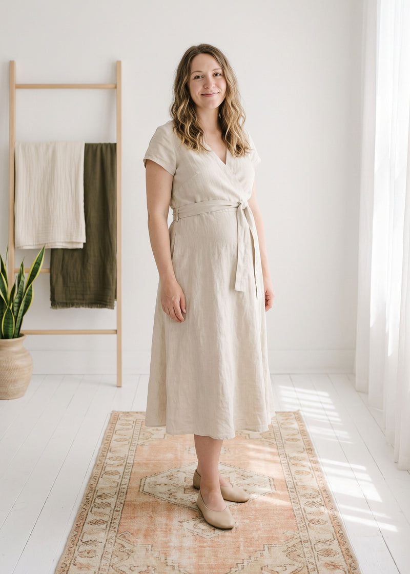 Cap-Sleeve Wrap Linen Midi Dress in Linen
