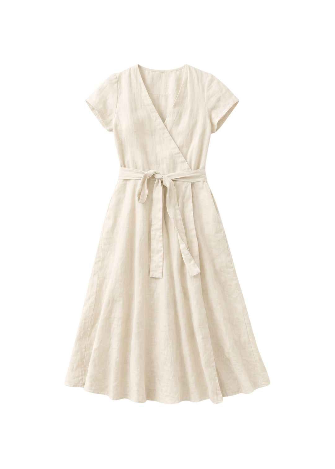 Cap-Sleeve Wrap Linen Midi Dress in Linen