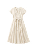 Cap-Sleeve Wrap Linen Midi Dress in Linen