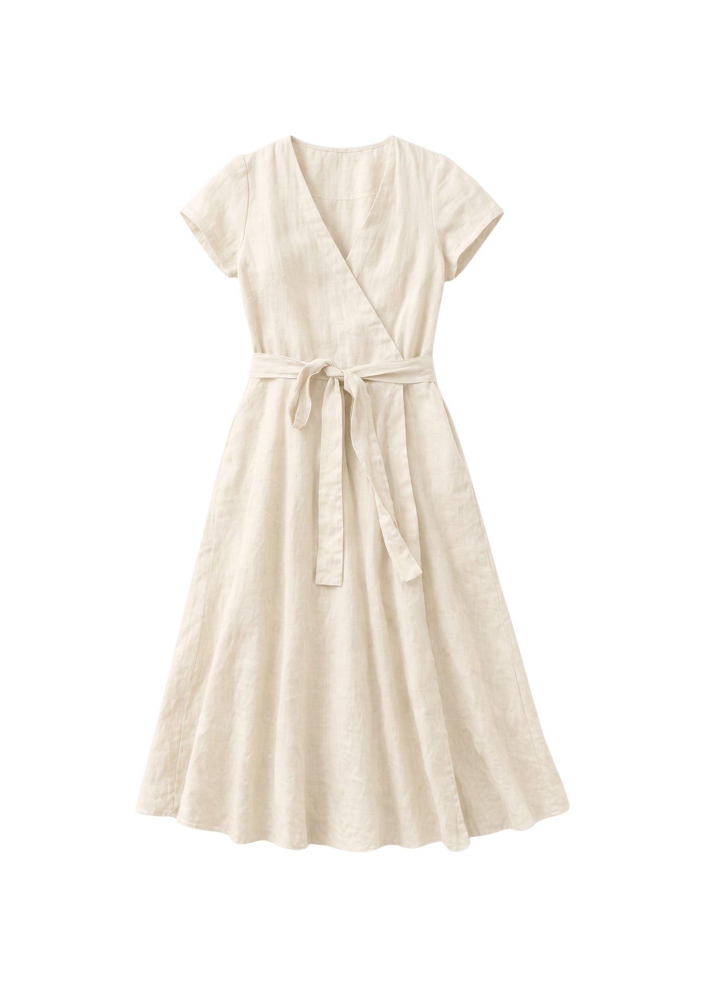 Cap-Sleeve Wrap Linen Midi Dress in Linen