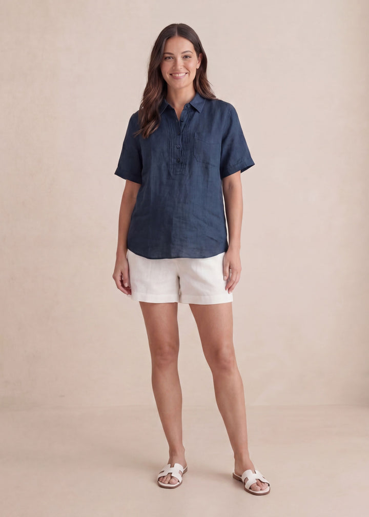 Cuffed Sleeve Nursing Blouse In Linen