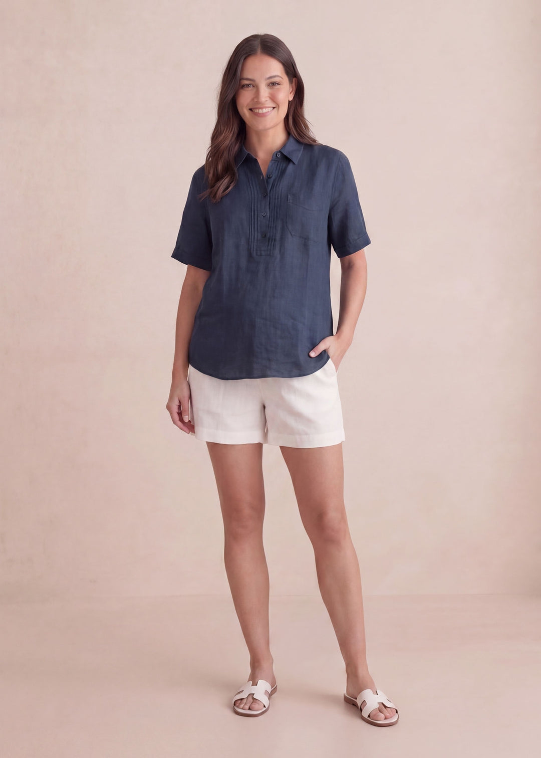Cuffed Sleeve Nursing Blouse In Linen