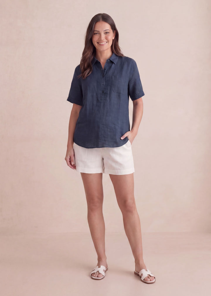 Cuffed Sleeve Nursing Blouse In Linen