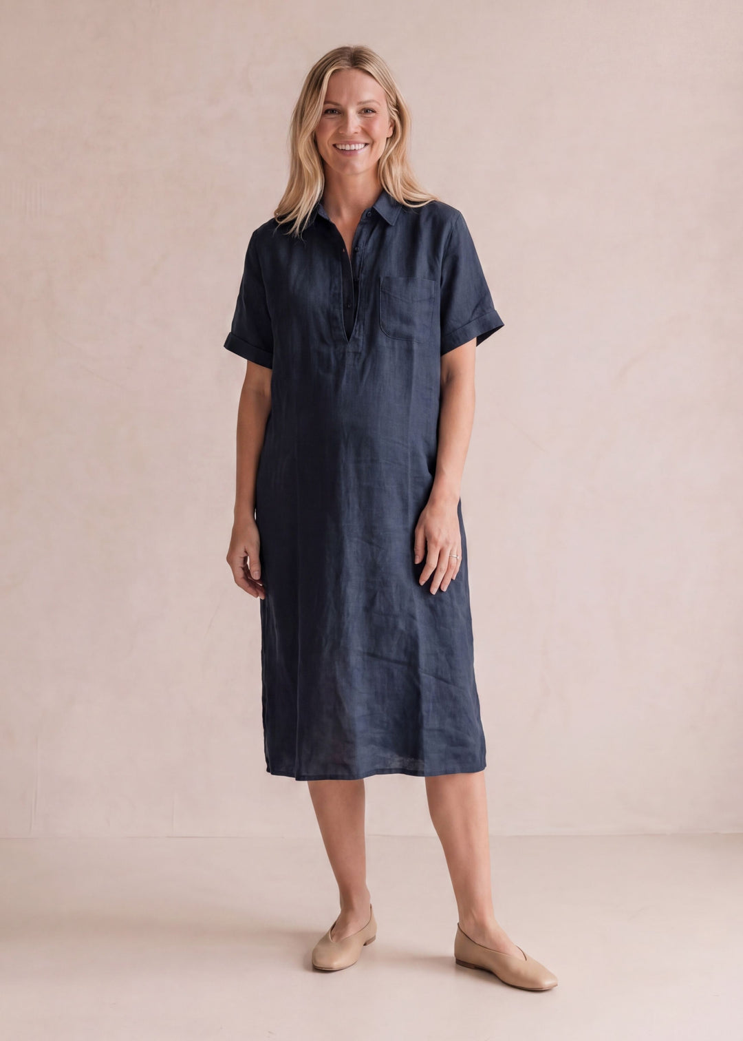Cuffed Sleeve Nursing Shirtdress in Linen