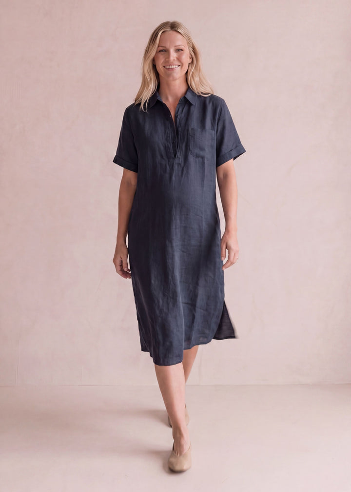 Cuffed Sleeve Nursing Shirtdress in Linen